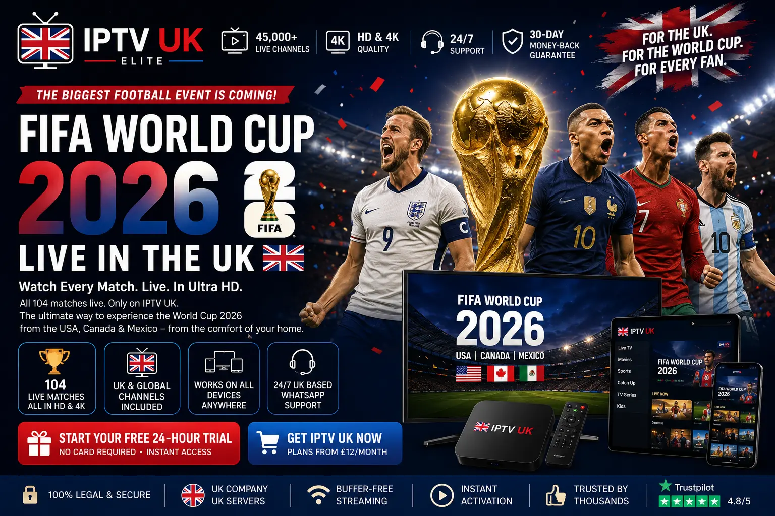 IPTV UK 2026 4K FIFA World Cup stream with free trial on a home TV