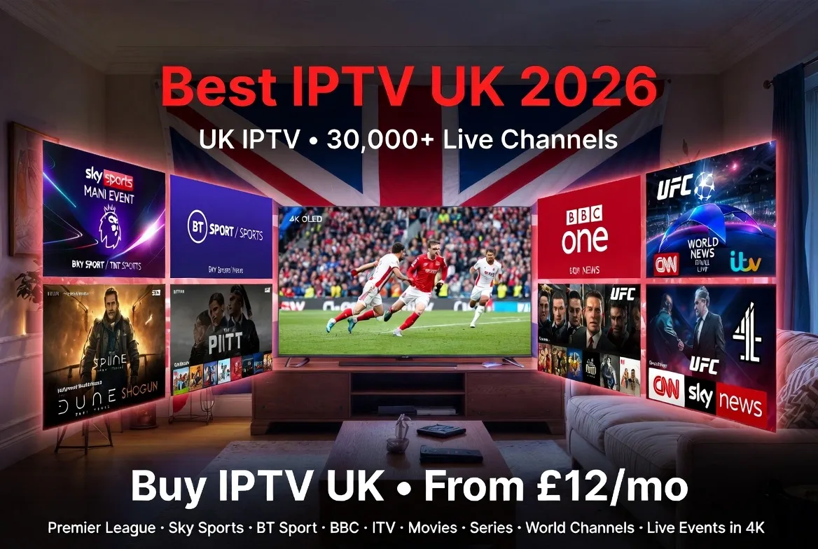 IPTV UK Cloud dashboard showing live UK channels sports movies and VOD categories