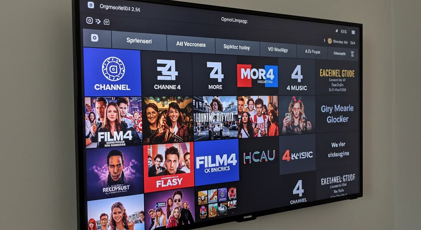 Smart TV showing a channel selection menu with Channel 4, E4, More4 and Film4