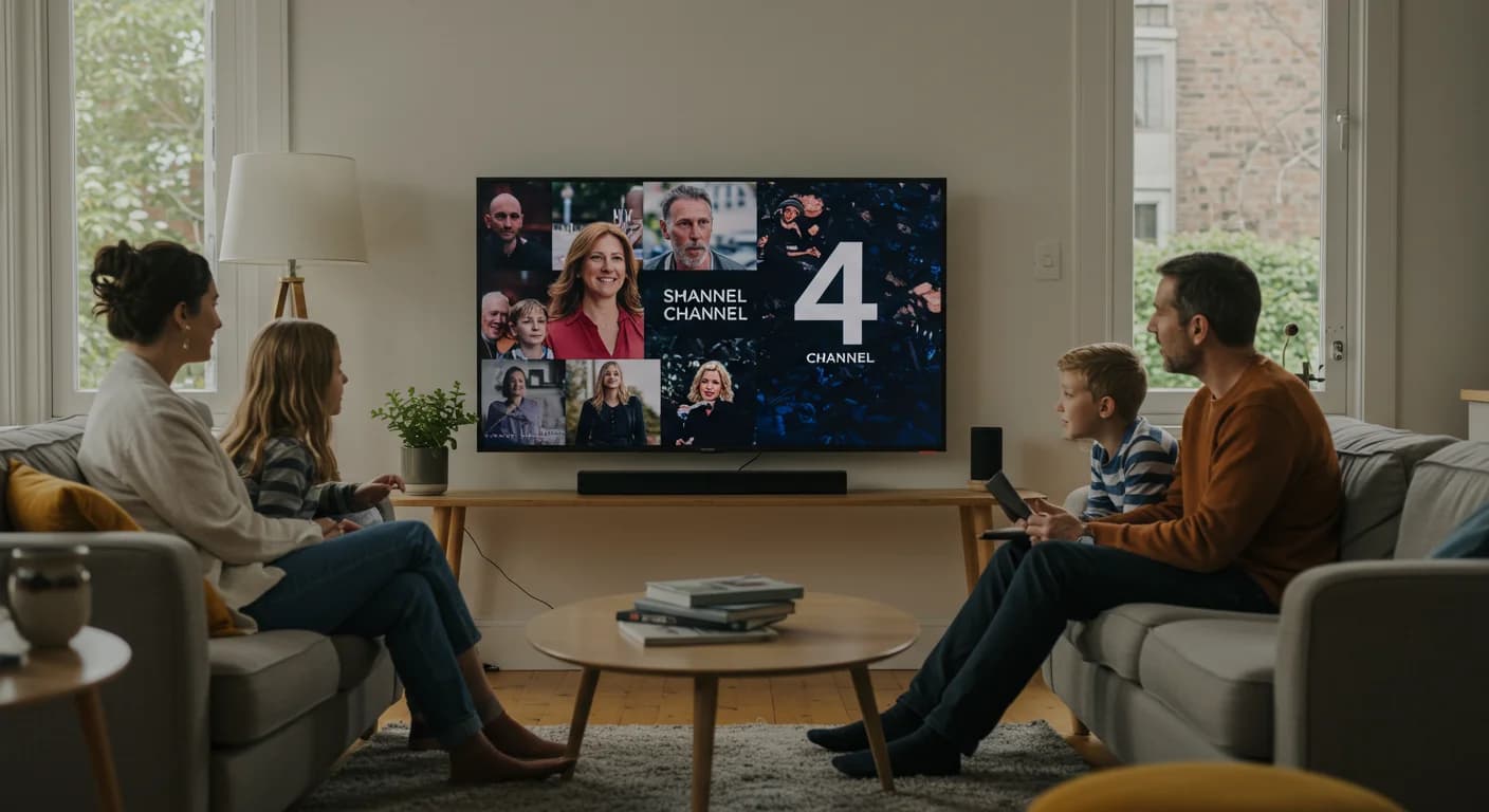 Woman relaxing on a sofa watching a programme on Channel 4