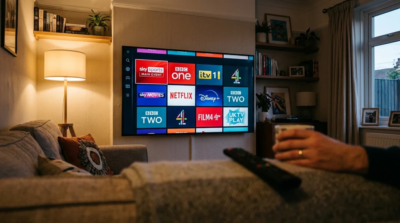 Smart TV, smartphone, tablet and laptop all showing live TV channels from the same streaming subscription