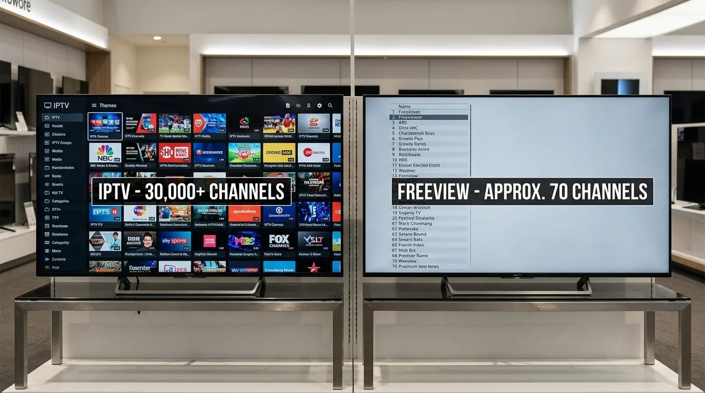 IPTV UK subscription vs Freeview comparison — 45,000+ channels vs 70 Freeview channels 2026