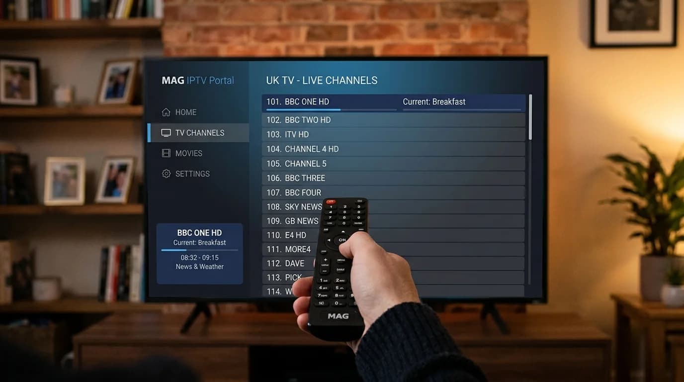 MAG portal IPTV UK — 45,000+ live channels via UK IPTV subscription on MAG box