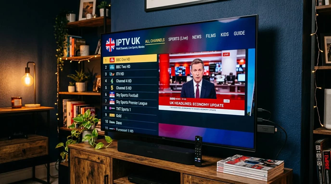 Firestick IPTV UK channels menu — 45,000+ live UK IPTV subscription channels on Firestick