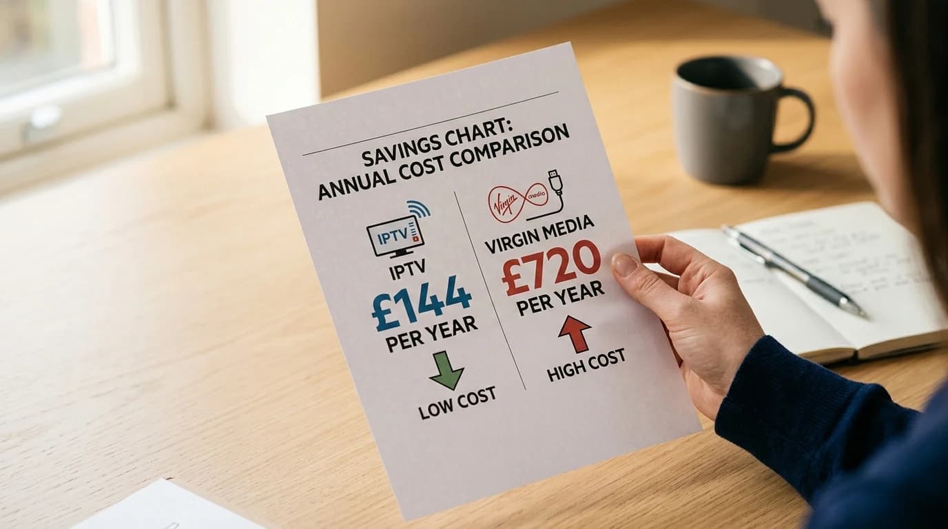 UK IPTV vs Virgin Media 2026 cost comparison — IPTV UK subscription at £12 vs Virgin at £60+