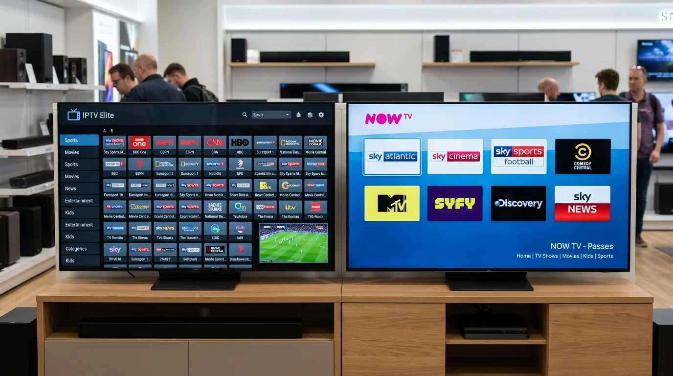 IPTV UK subscription vs NOW TV comparison 2026 — 45,000+ channels vs limited NOW TV content