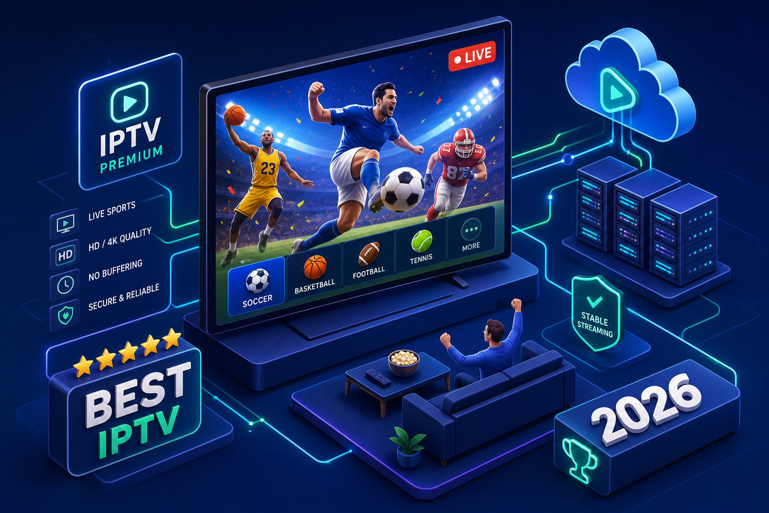 IPTV UK Cloud promotional image featuring a man celebrating while watching live sports on a large screen, showcasing soccer, basketball, and football, with highlights on HD quality, no buffering, and stable streaming for the best IPTV experience in 2026.