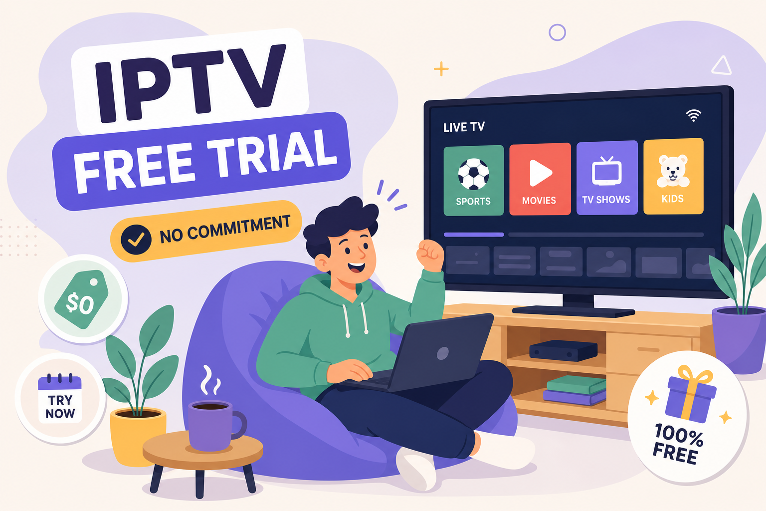 IPTV free trial promotion with no commitment, user celebrating while using a laptop, live TV options displayed on screen, emphasizing 100% free offer.