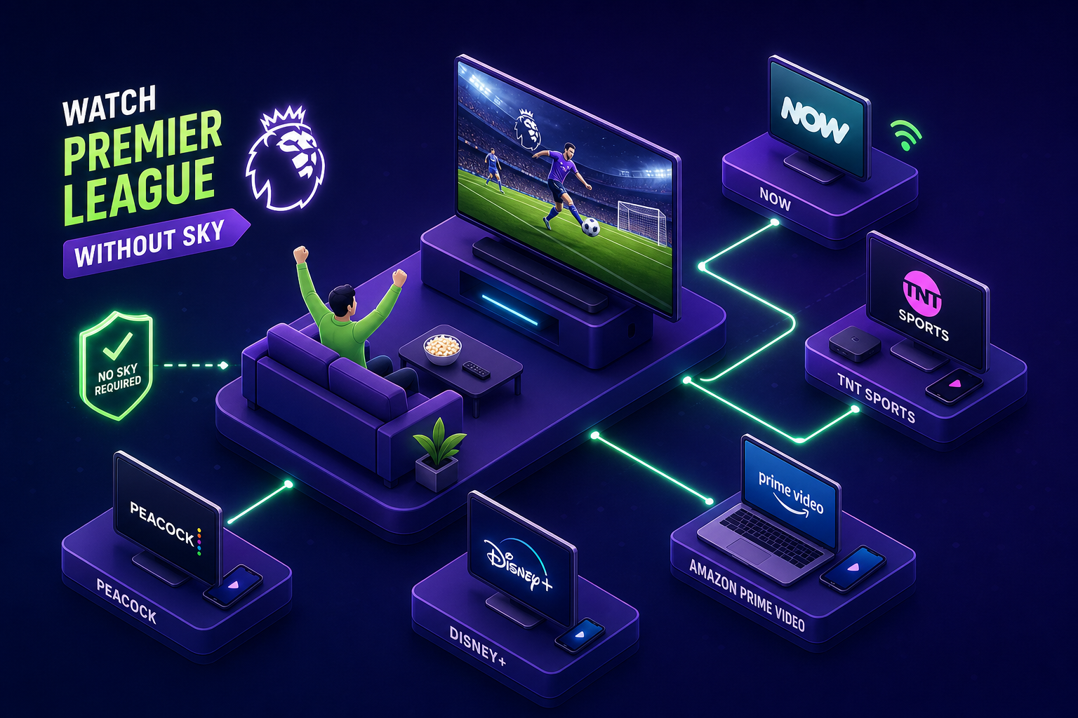 Watch Premier League matches without Sky, featuring a viewer celebrating at home, with streaming options including NOW, TNT Sports, Peacock, Disney+, and Amazon Prime Video.