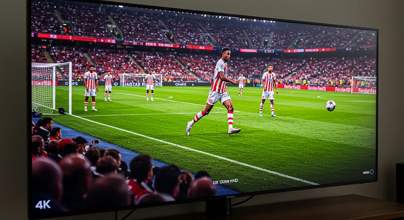 4K display of a live football match featuring players in red and white striped jerseys, emphasizing the clarity and detail of 4K IPTV streaming services.