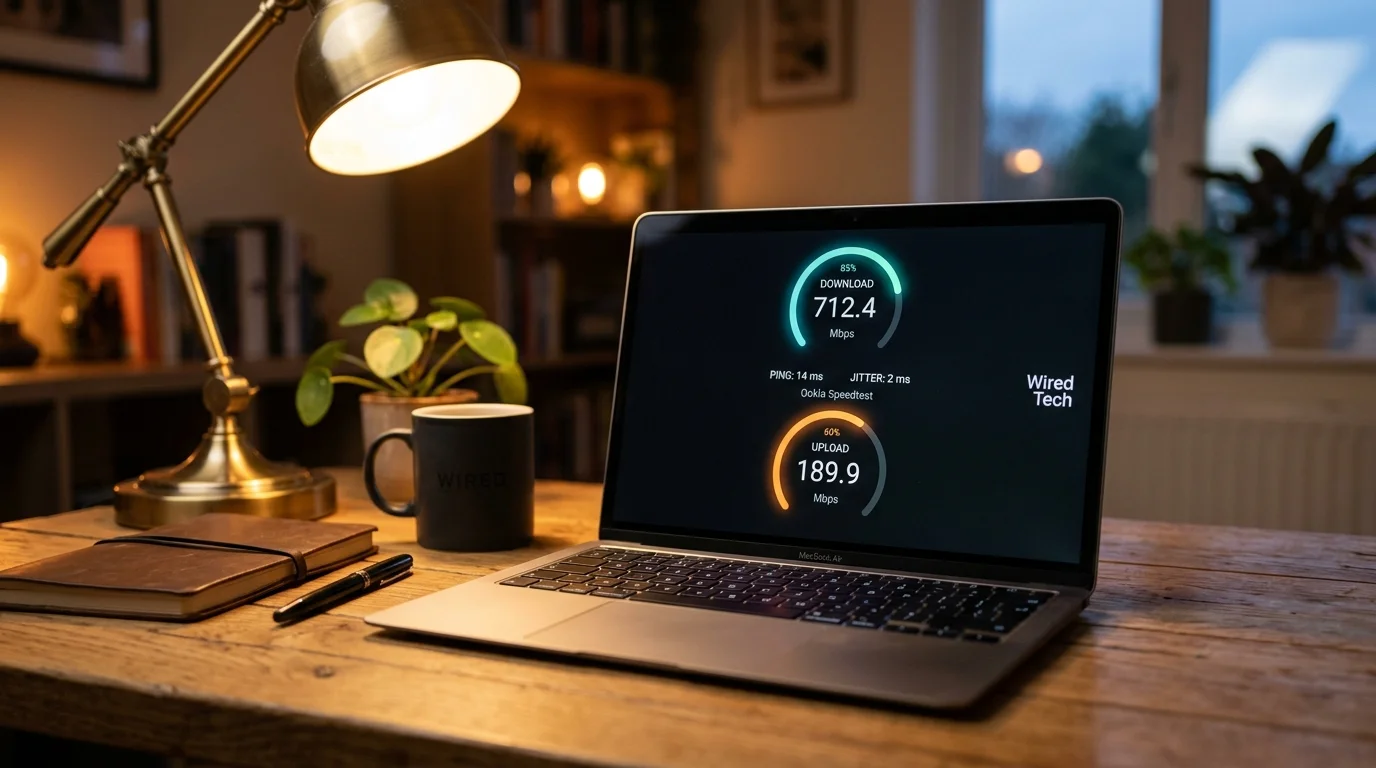 Laptop displaying internet speed test results with download speed of 712.4 Mbps and upload speed of 189.9 Mbps, emphasizing optimal speeds for 4K IPTV streaming.