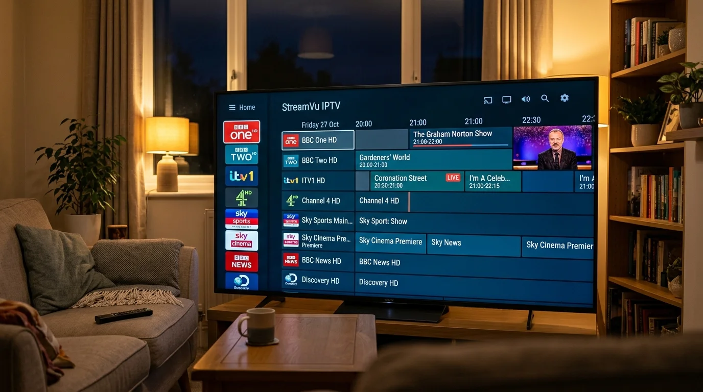 TV displaying IPTV channel guide with shows like "The Graham Norton Show" and "Coronation Street," set in a cozy living room environment.