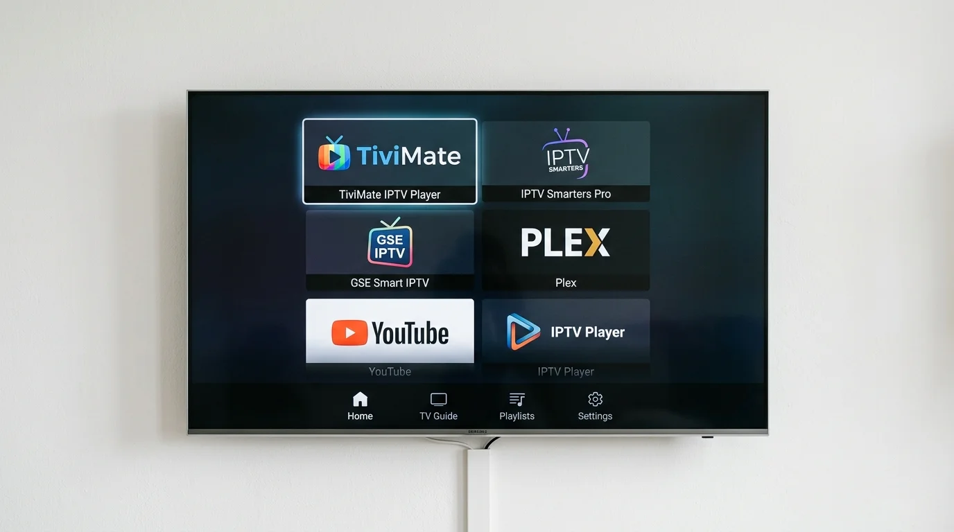 Smart TV screen displaying various IPTV applications including TiviMate, IPTV Smarters Pro, GSE Smart IPTV, Plex, YouTube, and IPTV Player, relevant for users seeking IPTV solutions for Samsung and LG devices.