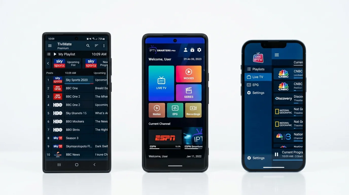 Three smartphones displaying various IPTV player apps, featuring user interfaces for TiviMate, IPTV Smarters Pro, and DBE IPTV, showcasing live TV options and playlists, relevant to UK IPTV service recommendations.