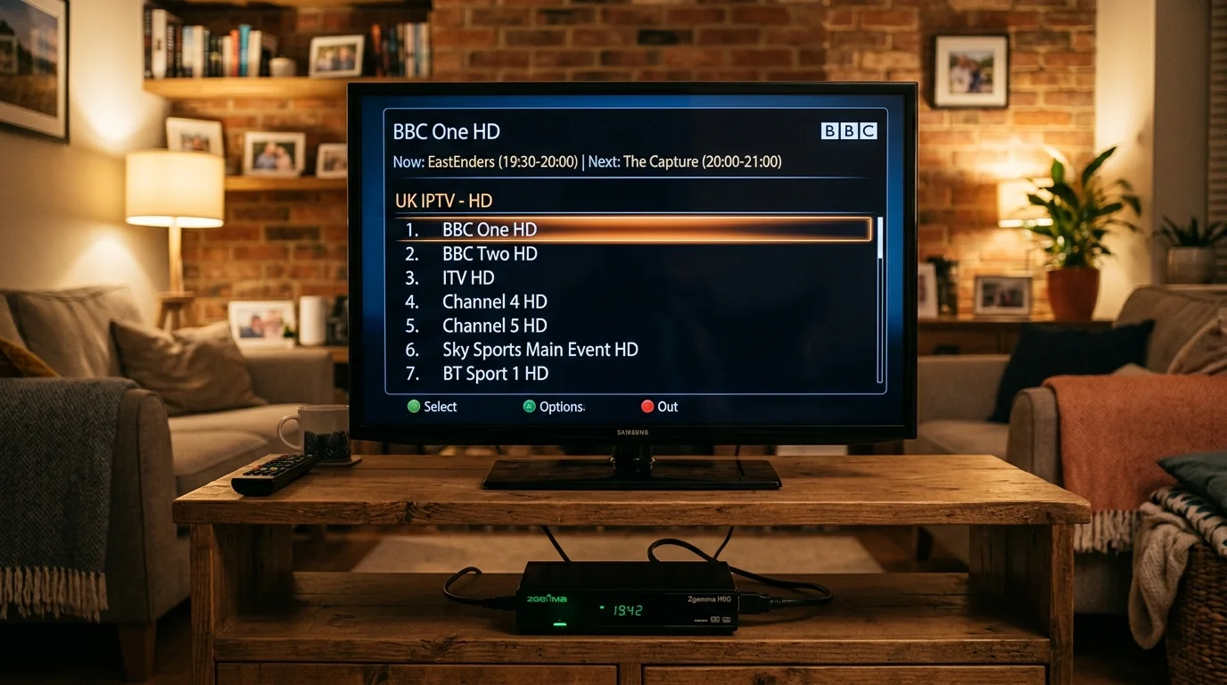 TV screen displaying BBC One HD and other IPTV channels, with Zgemma HD receiver on wooden table, cozy living room setting.