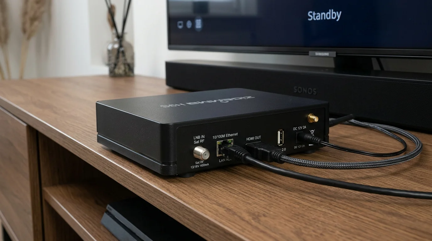 Zgemma H5 IPTV receiver on wooden table with connected cables, showcasing setup for Enigma2 devices.