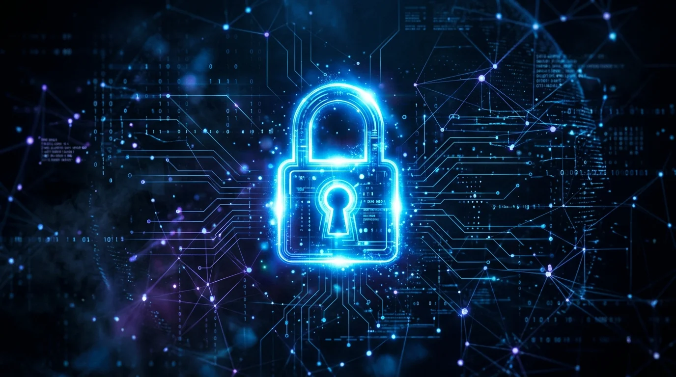 Digital padlock symbol representing cybersecurity and privacy, set against a backdrop of circuit patterns and binary code, emphasizing VPN security for IPTV streaming in the UK.