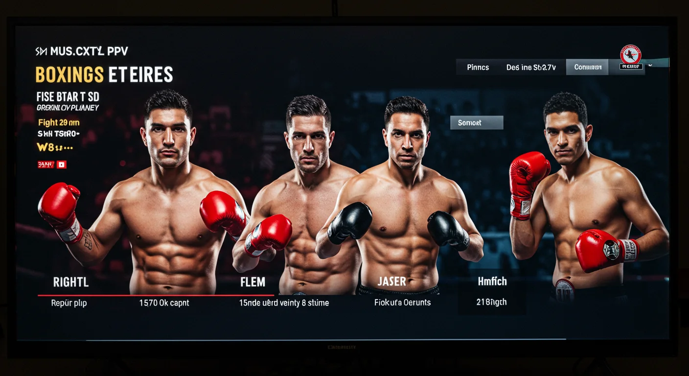 Boxing event promotional image featuring four male fighters in boxing gloves, with text overlay detailing fight information and IPTV subscription options for accessing boxing PPV events through IPTV UK Cloud.