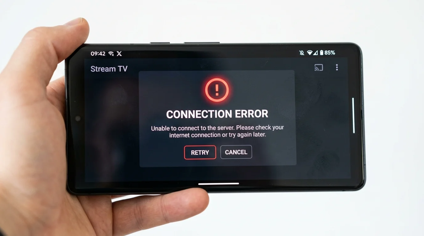 Hand holding smartphone displaying a "Connection Error" message for IPTV service, indicating inability to connect to the server with options to retry or cancel.