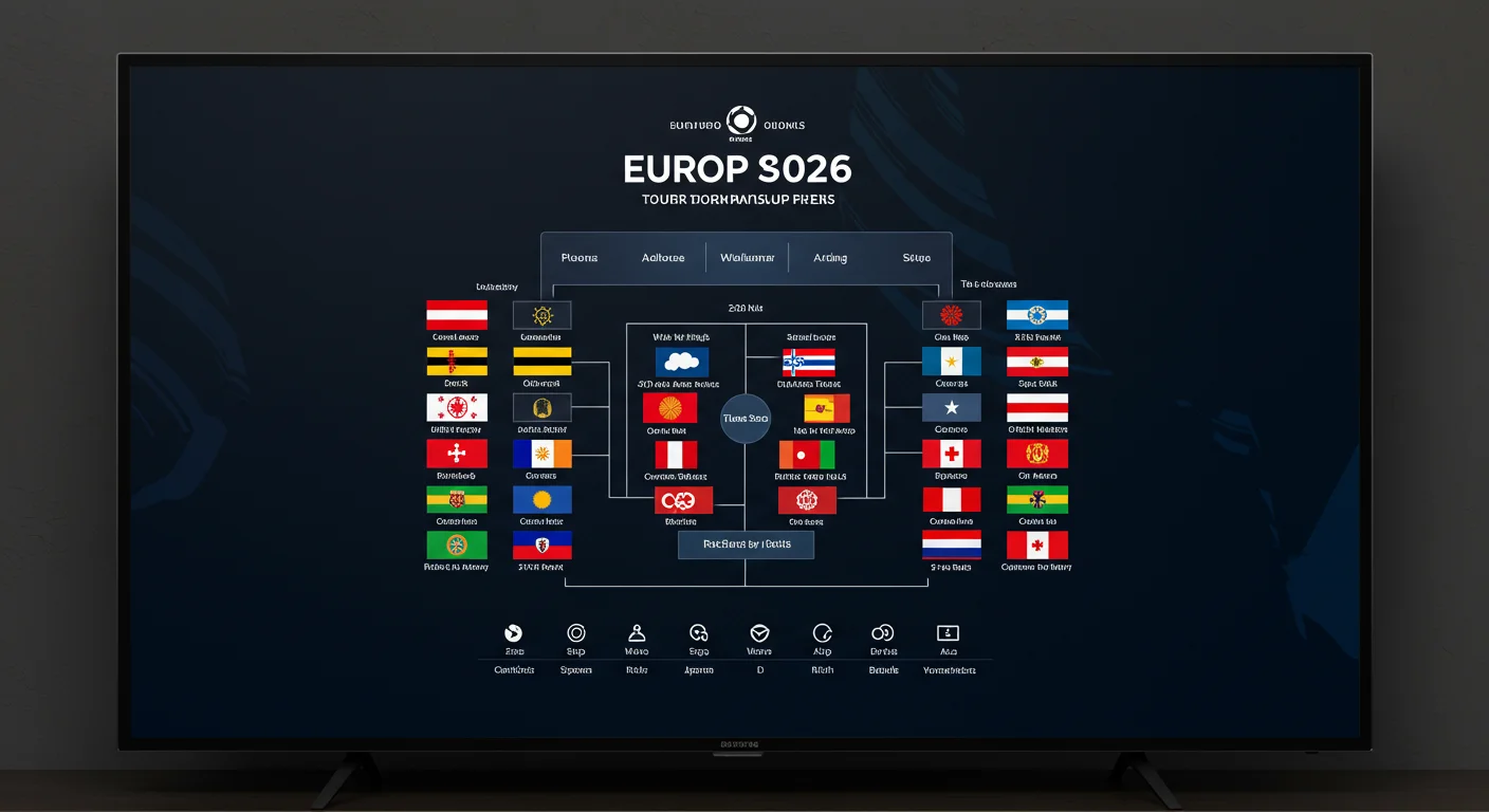 Euro 2026 tournament overview displayed on a TV screen, featuring team flags, match schedules, and streaming options relevant to IPTV UK Cloud services.