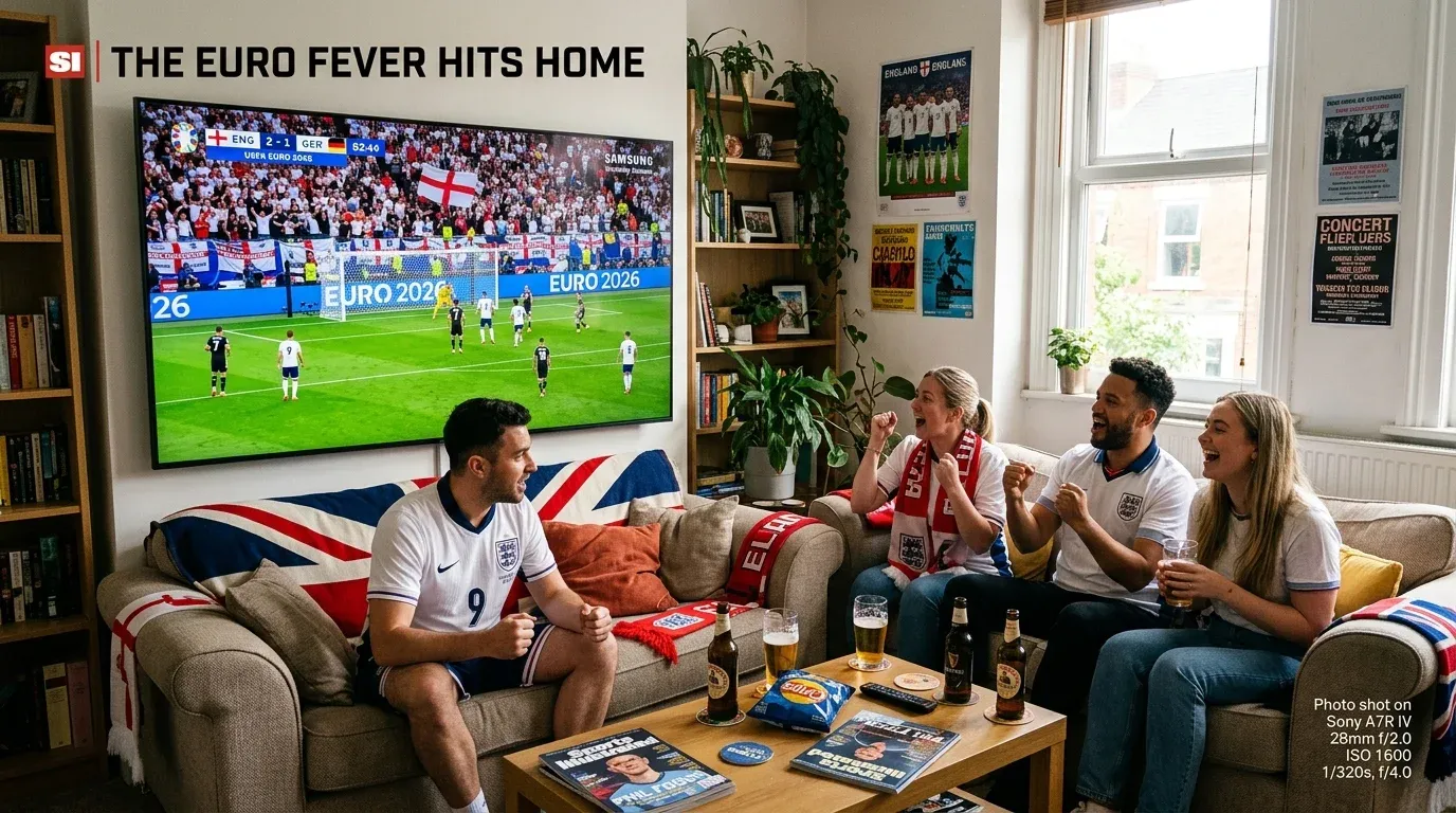 Group of friends celebrating while watching Euro 2026 match on a large TV, with drinks and snacks on the table, showcasing excitement for the tournament.