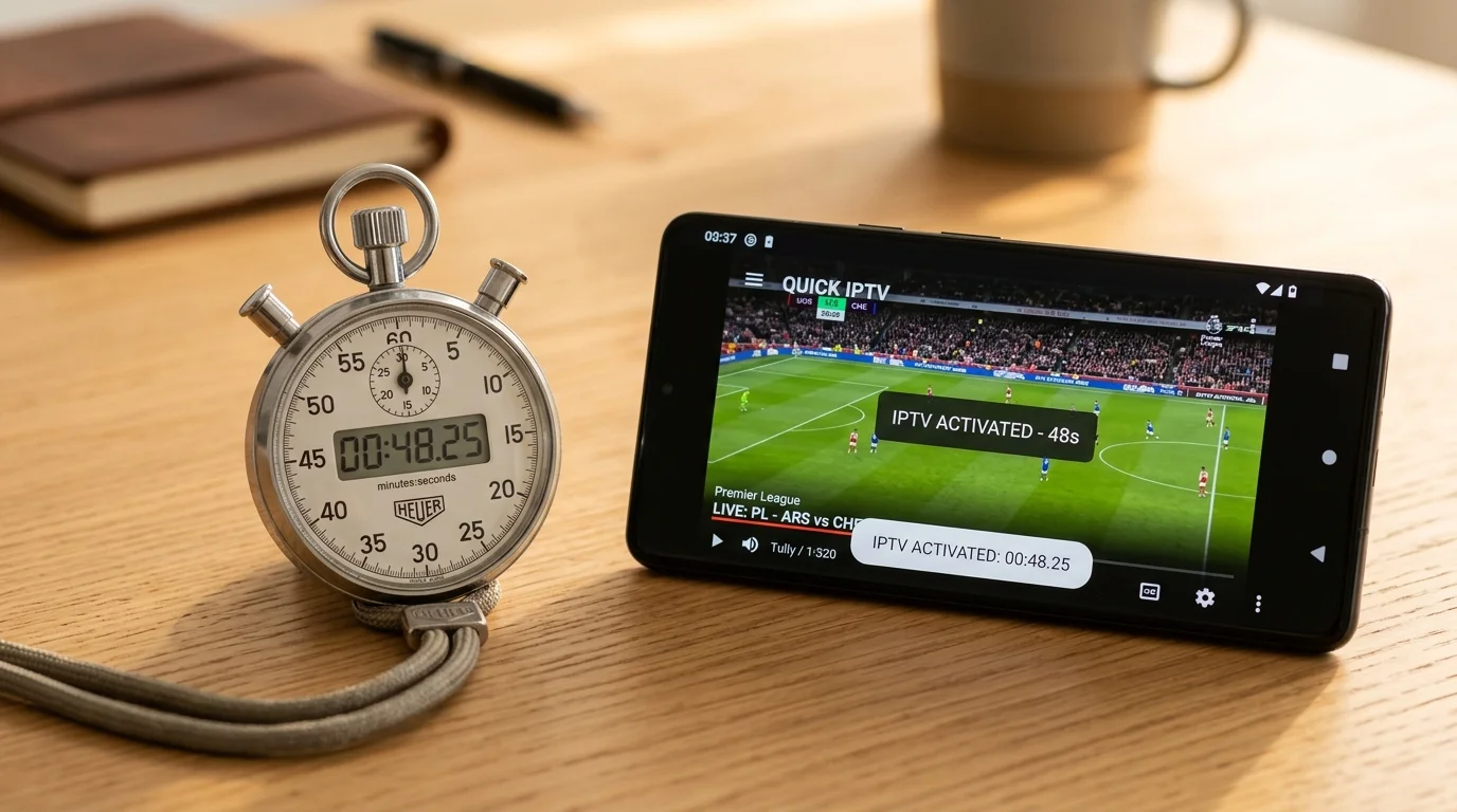 Stopwatch displaying 48 seconds next to smartphone screen showing "IPTV Activated - 48s" with live Premier League match, symbolizing fast IPTV activation by IPTV UK Cloud.