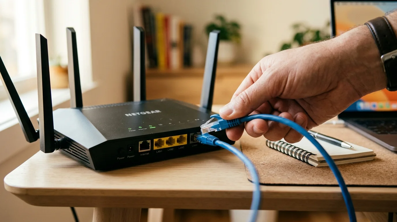 Hand connecting a blue Ethernet cable to a NETGEAR router, illustrating troubleshooting steps for IPTV buffering issues with BT and Virgin Media broadband.