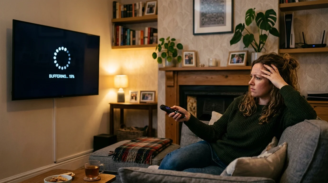 Woman sitting on a couch looking frustrated while watching a TV displaying a buffering message, illustrating IPTV buffering issues related to BT and Virgin Media.