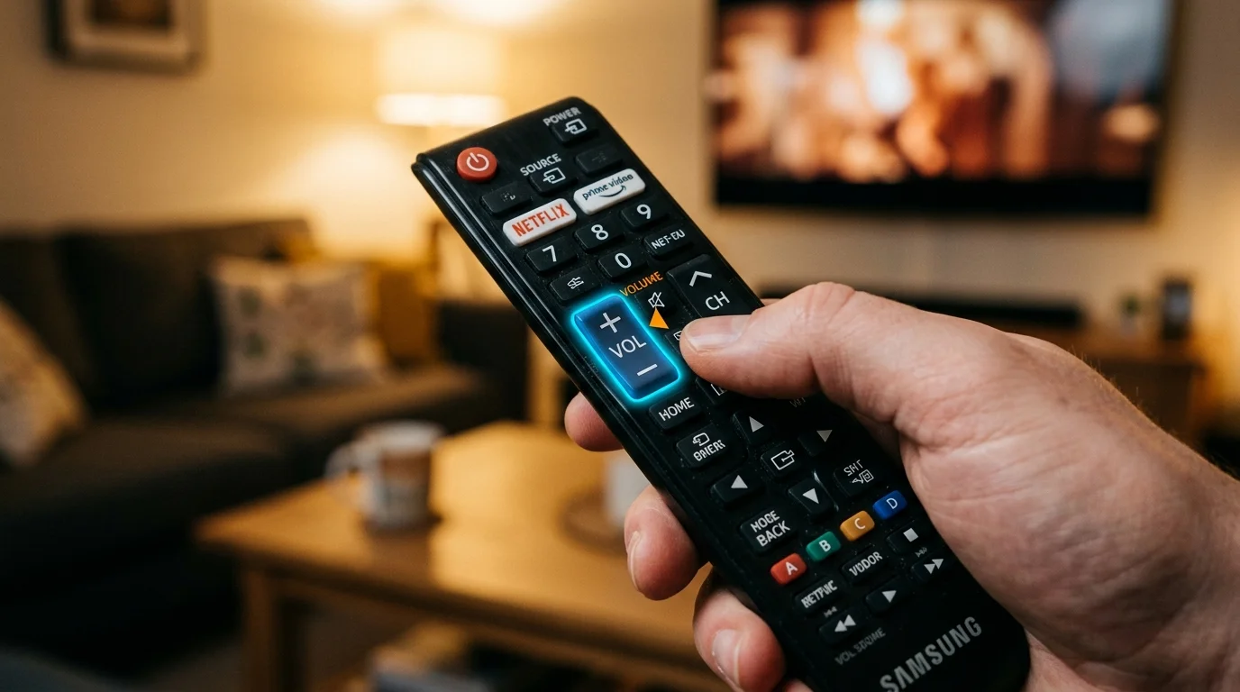 Hand holding a Samsung remote control, adjusting the volume, with a TV in the background, illustrating troubleshooting audio issues for IPTV services.