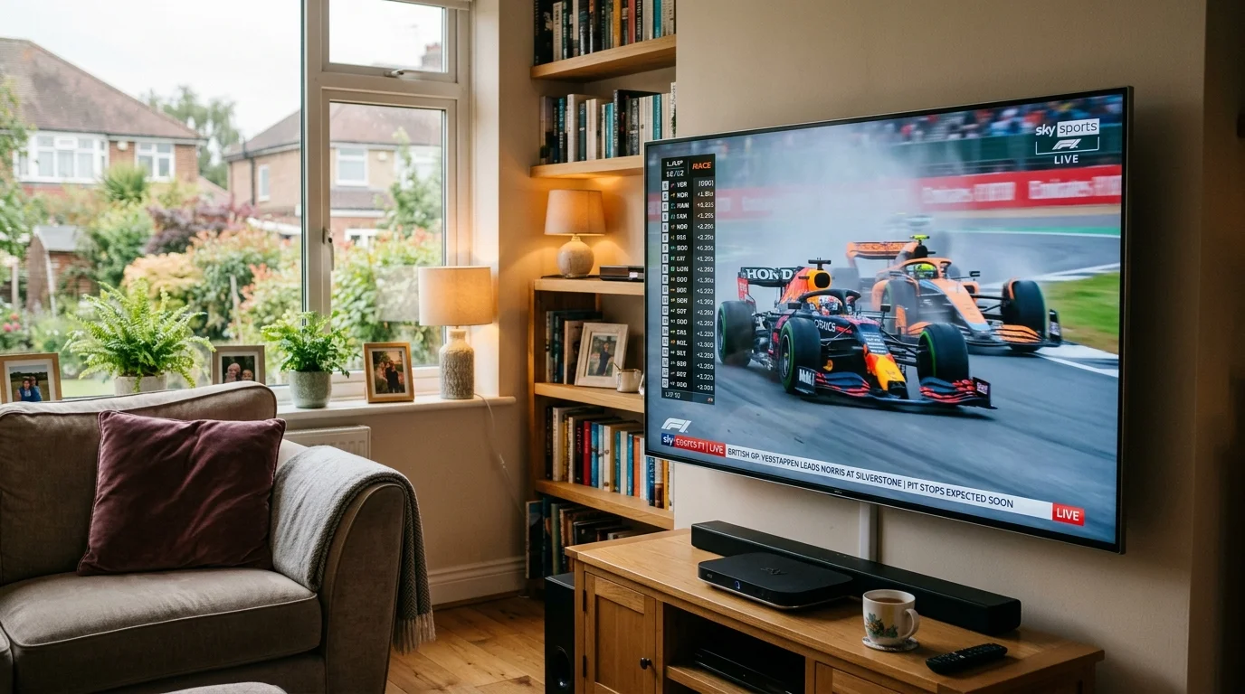 Living room displaying a large TV screen showing a live Formula 1 race, featuring cars from Red Bull and McLaren, with race statistics visible, highlighting IPTV UK Cloud's streaming capabilities for affordable sports viewing.