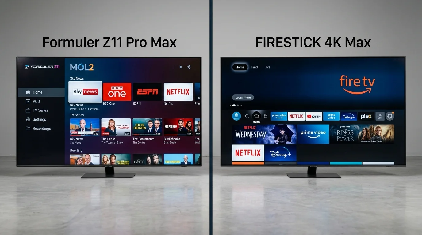 Comparison of Formuler Z11 Pro Max and Firestick 4K Max IPTV interfaces, showcasing streaming options and app menus.