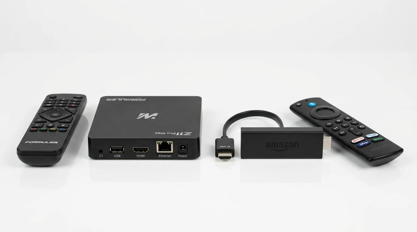 Formuler Z11 Pro Max streaming device with remote, Amazon Firestick 4K with remote, showcasing IPTV device comparison.
