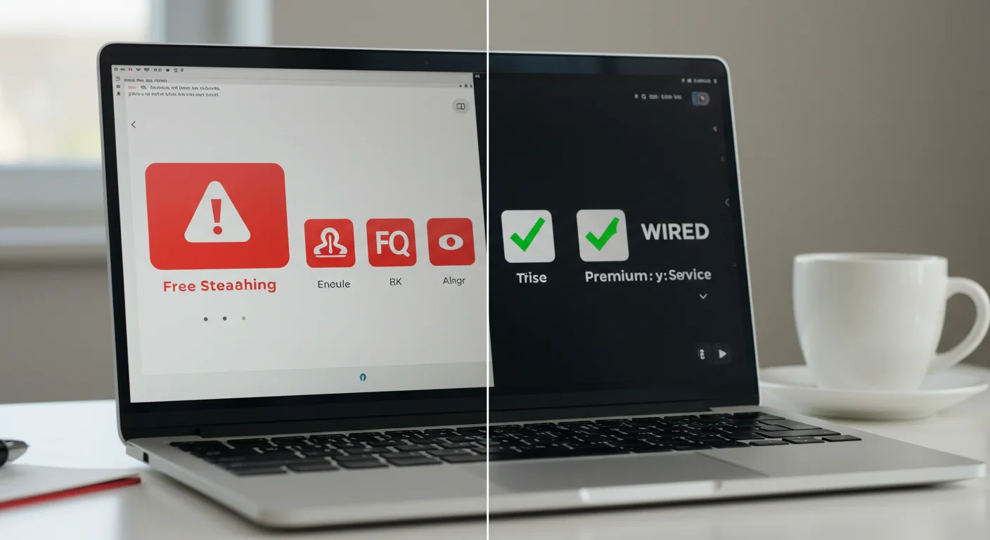 Laptop screen displaying contrasting interfaces of free IPTV service with warning icon and premium IPTV service with checkmarks, emphasizing risks of free options versus benefits of premium subscriptions.