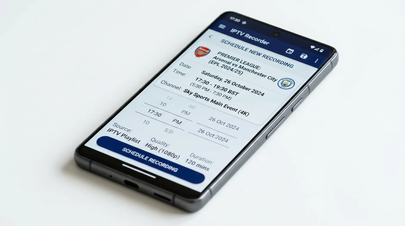 IPTV Recorder app interface on smartphone displaying scheduled recording for Premier League match between Arsenal and Manchester City, including date, time, channel, and recording settings.