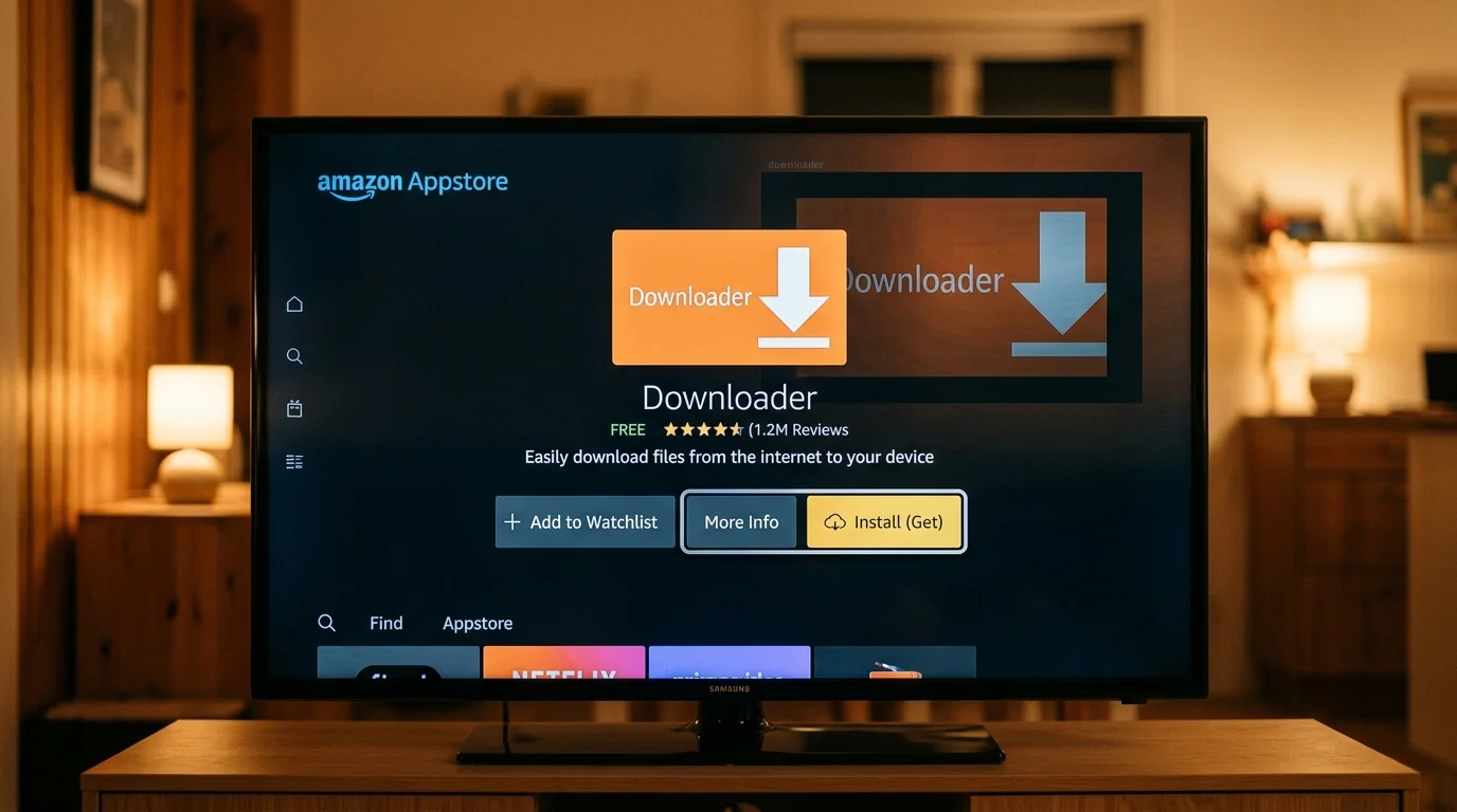 Downloader app interface on Amazon Appstore for Firestick, showing installation options and user ratings, relevant for IPTV UK Cloud guide on installing the app.