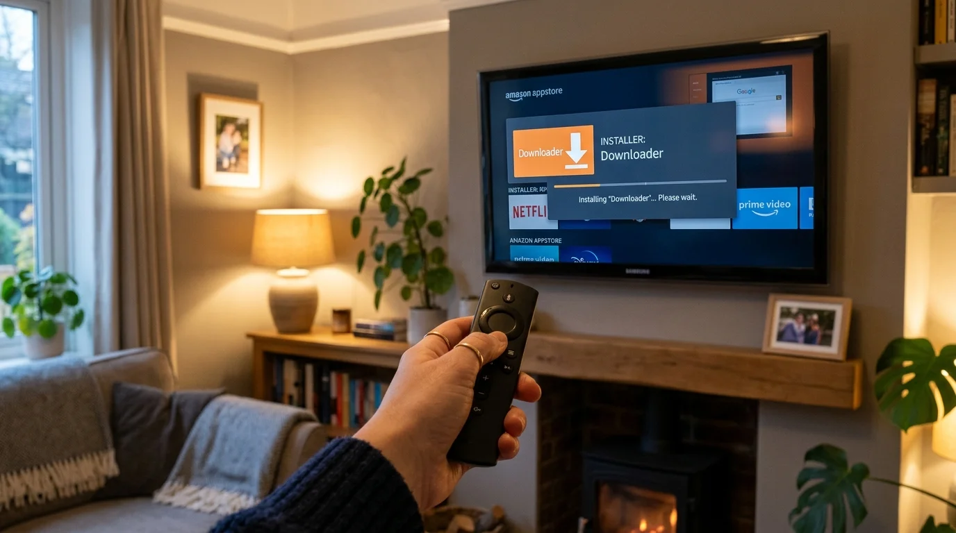 Person using Firestick remote to install Downloader app on TV screen, showcasing IPTV setup process in a cozy living room.