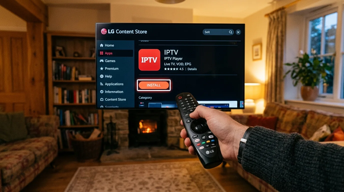 LG Smart TV displaying IPTV Player app in the LG Content Store with a hand holding a remote, illustrating installation steps for IPTV services.
