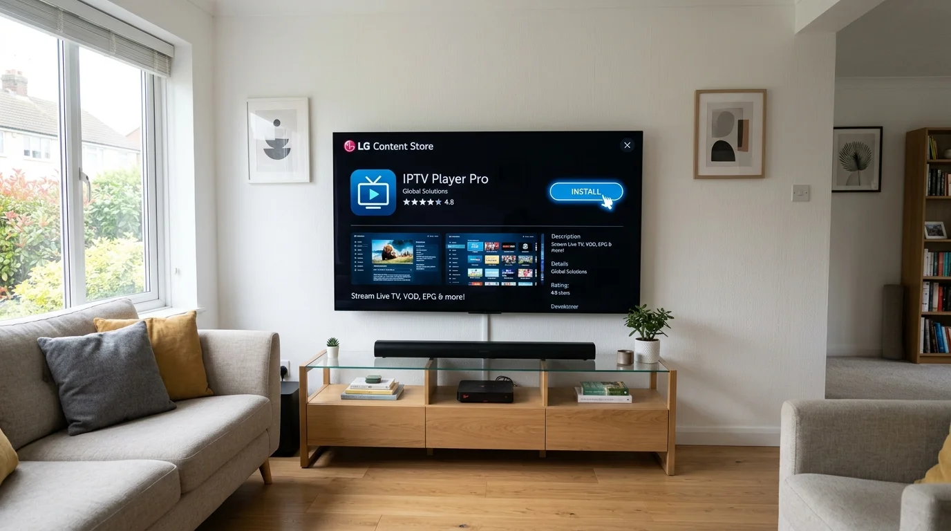 LG Smart TV displaying IPTV Player Pro installation screen in a modern living room setting, featuring a comfortable sofa and stylish decor.