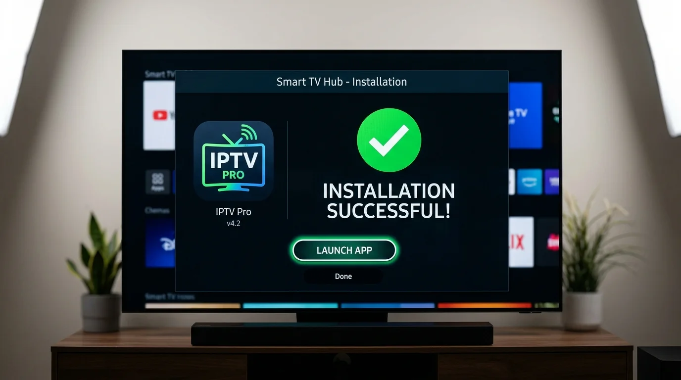 Smart TV displaying successful installation message for IPTV Pro app, featuring options to launch the app, relevant to IPTV setup guidance for UK users.