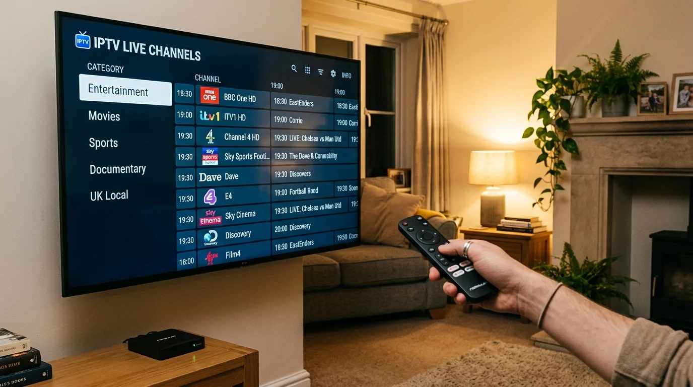 IPTV live channels displayed on a TV screen, featuring a list of entertainment, movies, sports, and documentary categories, with a person holding a remote control, in a cozy living room setting.