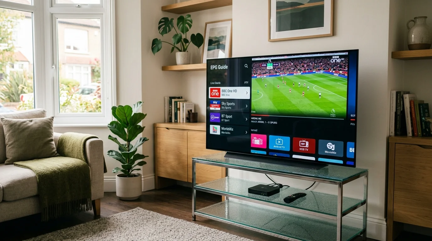 Modern living room with a TV displaying an IPTV EPG guide featuring live sports, a cozy sofa with cushions, and a decorative plant, illustrating optimal streaming setup for IPTV services in the UK.