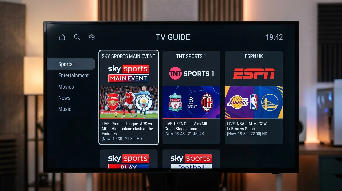 TV guide interface displaying sports channels including Sky Sports, TNT Sports, and ESPN, featuring live events like Premier League, UEFA Champions League, and NBA games, relevant to IPTV UK Cloud's channel offerings in 2026.