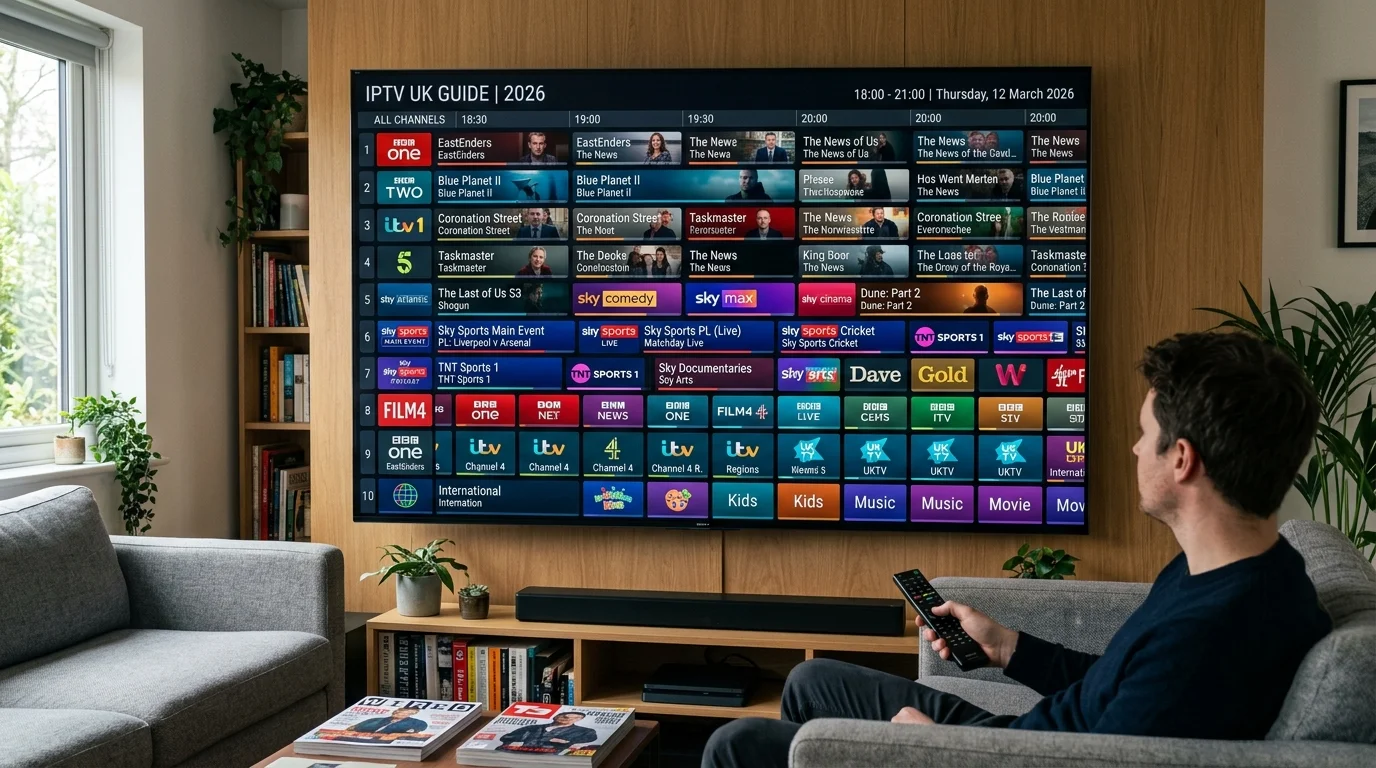 IPTV UK guide for 2026 displayed on a large screen, featuring various channel listings including sports, entertainment, and kids' programs, with a viewer holding a remote in a modern living room setting.