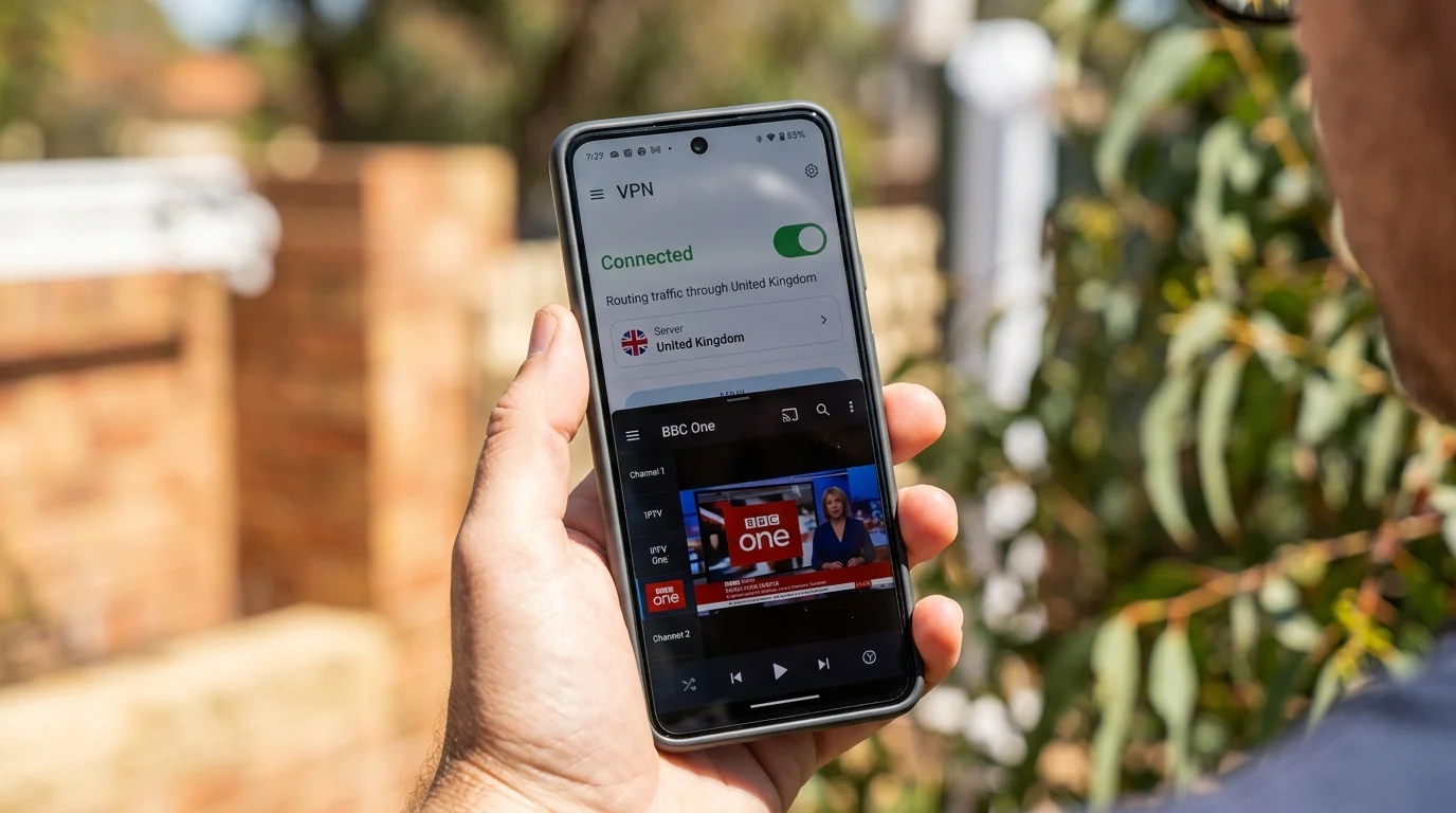 Person holding smartphone displaying VPN connection to the United Kingdom and streaming BBC One, relevant for UK expats in Australia accessing IPTV services.