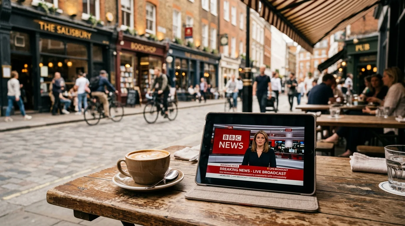 Tablet displaying BBC News live broadcast in a café setting, with coffee cup and people walking by, illustrating access to UK TV channels abroad for expatriates.