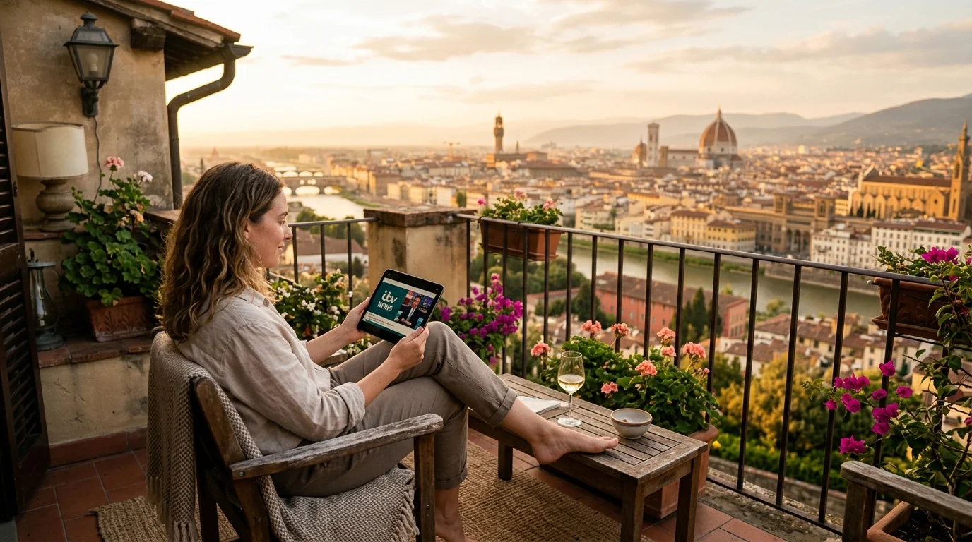 Woman enjoying UK TV on a tablet while relaxing on a balcony with a scenic view of Florence, surrounded by flowers and a glass of wine, representing IPTV UK Cloud's service for expatriates.