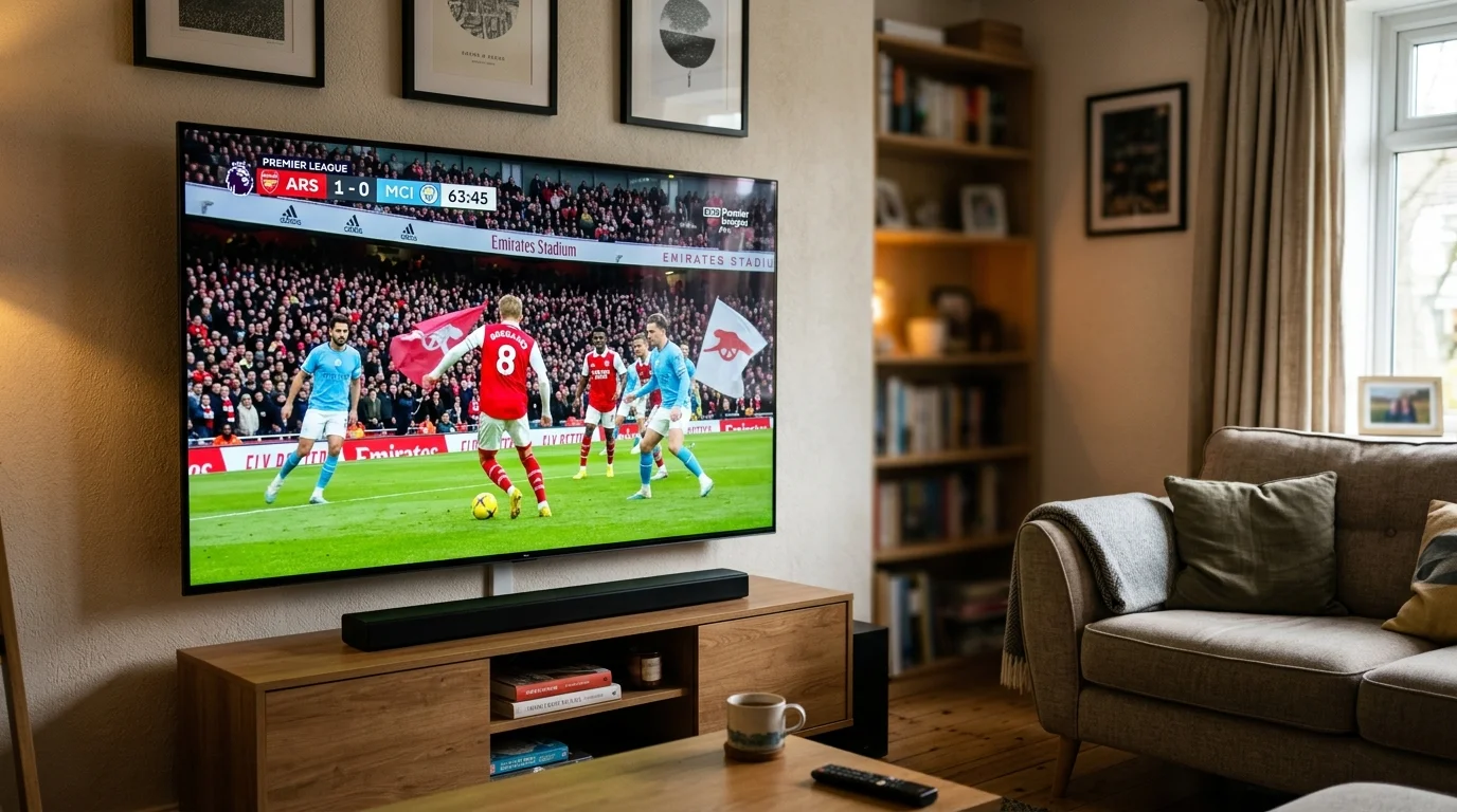 Football match on TV showing Arsenal vs Manchester City, with score 1-0, in a cozy living room setting, highlighting IPTV UK Cloud's football streaming services.