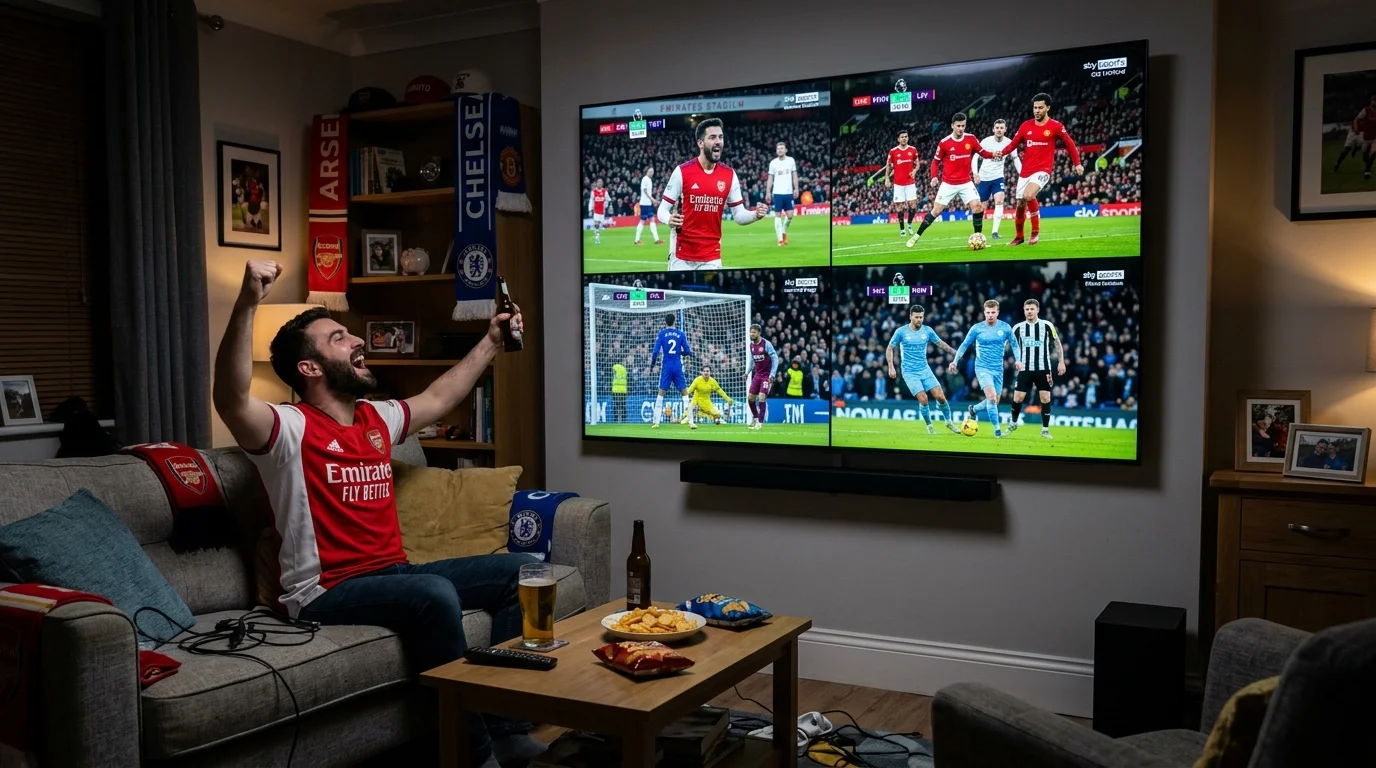 Man celebrating while watching multiple football matches on a large TV, featuring scenes from Premier League games, with snacks and drinks on a coffee table, in a cozy living room decorated with football memorabilia.