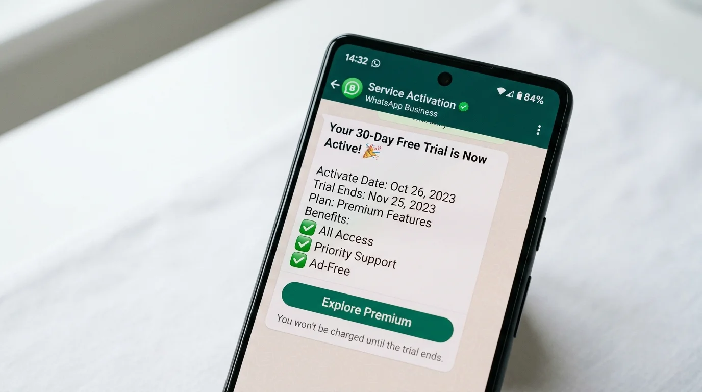 Smartphone displaying a WhatsApp Business service activation message for a 30-day free trial with details on activation date, benefits, and subscription plan options.