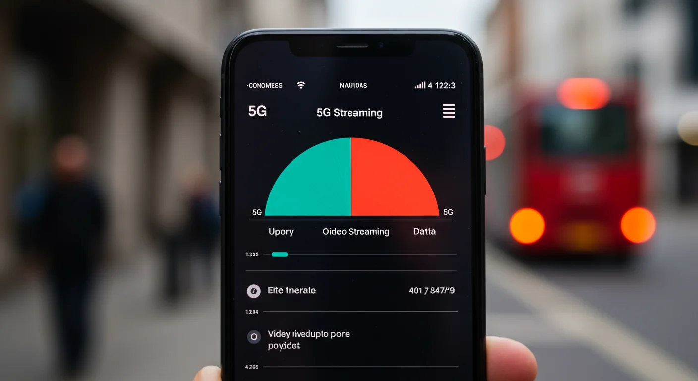 Smartphone displaying 5G streaming data usage for IPTV services, highlighting video streaming and data consumption metrics.